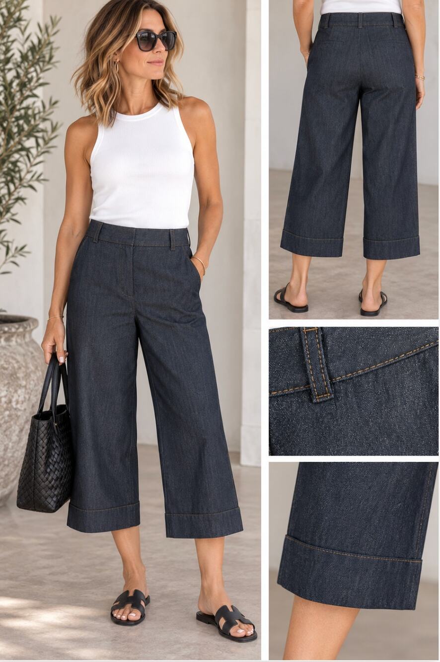 Classiques Entier Denim Capri Pants Wide Leg Cuffed Dark Wash Trouser Size 12